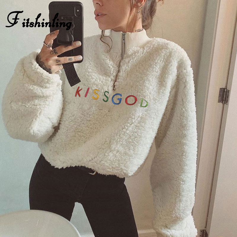 

Fitshinling Zip-Up Turtlenecks Lambswool Sweatshirts Winter Embroidery Letter Colorful Polerones Mujer Casual Women' Sweatshirt, Black