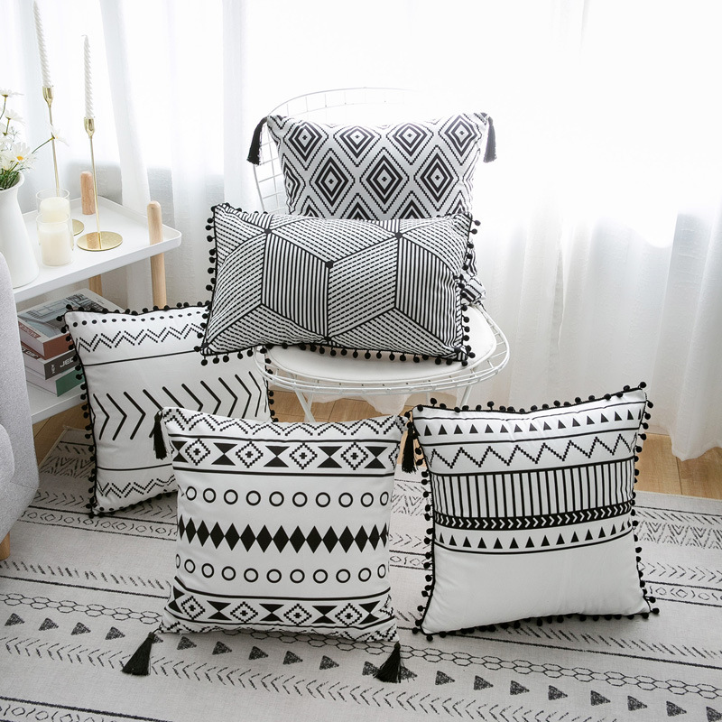 

Simple Decorative Cushion Cover White Black Rectangle Pillow Cover Soft 45x45cm 30x50cm Simple Geometric Pom Pom Ball Fringe
