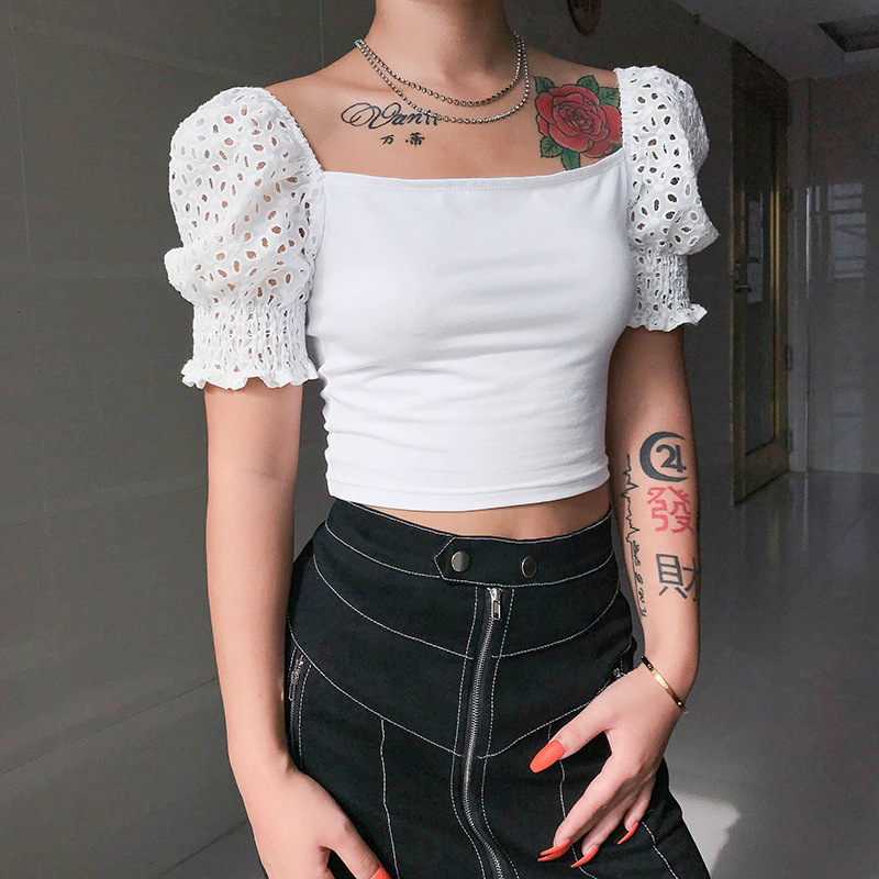 

Meihuida Women Sexy Short Puff Sleeve Elegant Plain Basic Debardeur Square Collar Crop Top Bodycon Bandage Stretch Short Tee, White