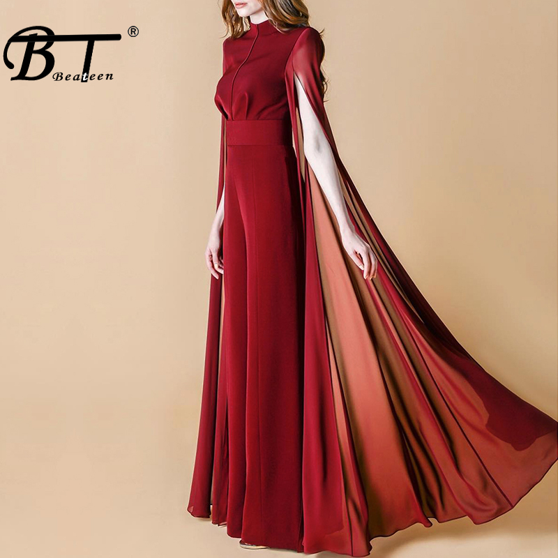

Beateen Women Black Wine-red O-Neck Cape Sleeve Jumpsuit Elegant Luxury Celebrity Party Club 2020 New With Belt