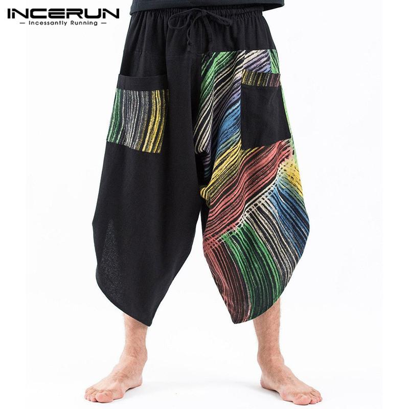 

INCERUN Thai Ethnic Color Men Streetwear Strip Retro Bohomia Printed Wide Leg Casual Elastic Waist Hiphop Loose Harem Pantalones, Army green