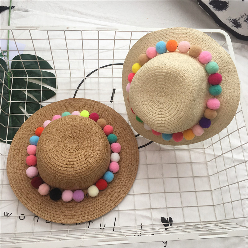 

Celebrity Style Infant Children Straw Hat Women's Summer Colorful Ball Baby Beach Hat College Style Sun Protection, Khaki