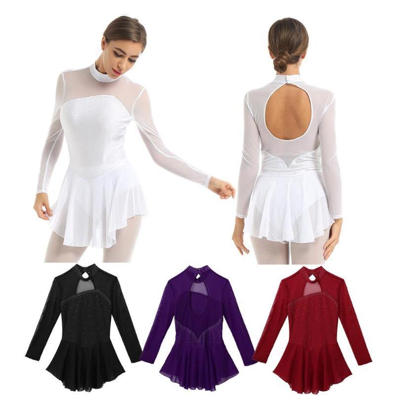 

Womens Adults Shiny Keyhole Back Figure Skating Dress Ballroom Ballerina Sports Ballet Dance Costumes Gymnastics Leotard Dress, Black
