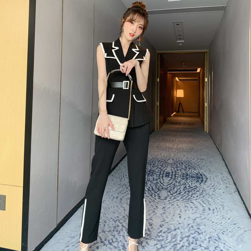 

Black Women Suits Pants Sets Notched Collar with Belt Vintage Party Casual Suit Top and Office Elegant Long Pants 2 Piece Set