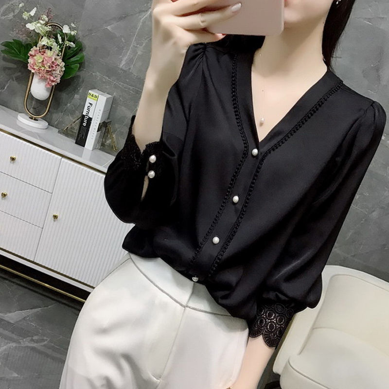 

Fashion Womens Tops and Blouses Plus Size Chiffon Blouse Shirt V Neck Office Blouse Long Sleeve Women Button Up Shirts Blusas, Black