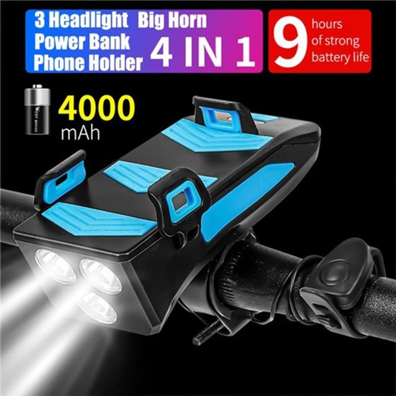 

4 in 1 Bicycle Light Bell Mobile Phone Charging Holder USB Rechargeable Riding Headlight 4000 mAh Bicycle front LED