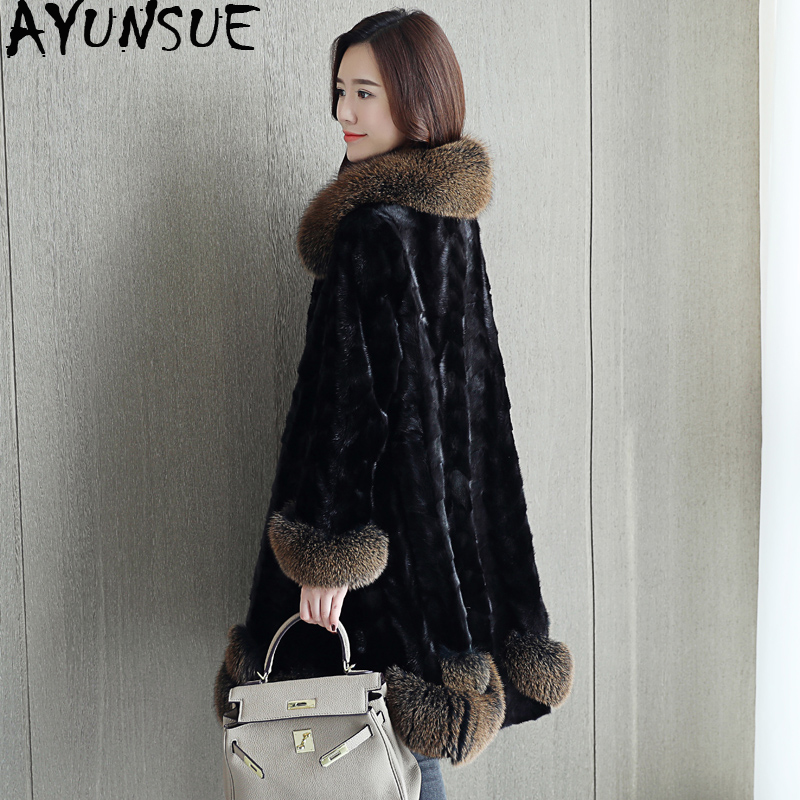 

AYUNSUE Real Mink Coat Female Luxury Natural Fur Coats Winter Jacket Women Korean Long Jackets for Women Clothes 2020 MY4100, Black-purple collar