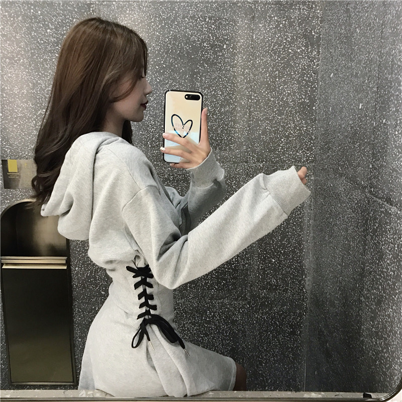 

Autumn Tracksuit Lace Up Adjustable Tie Bow Waist Slim Hooded Dress Women Fitness Sweatshirt Sport Dress Female Elegant Tops, Black