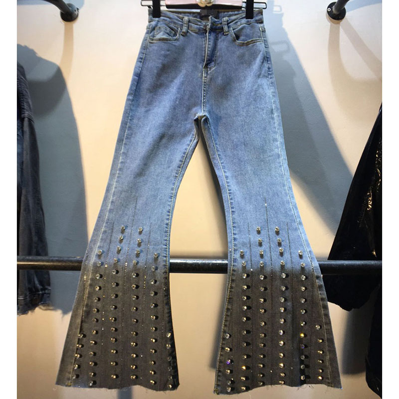 

Europe Beading Jeans Women Rhinestone Ankle-length Flare Pants Stretch Denim Blue Trousers Fashion High Waist Streetwear Autumn