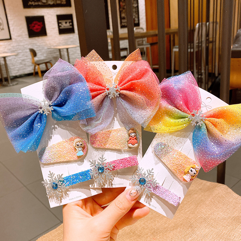 

Oaoleer 3PCS/set Rainbow Hairpins Cute Cartoon Glitter Bows Organza Snowflake Diamond Clip Princess Hair Accessories Set