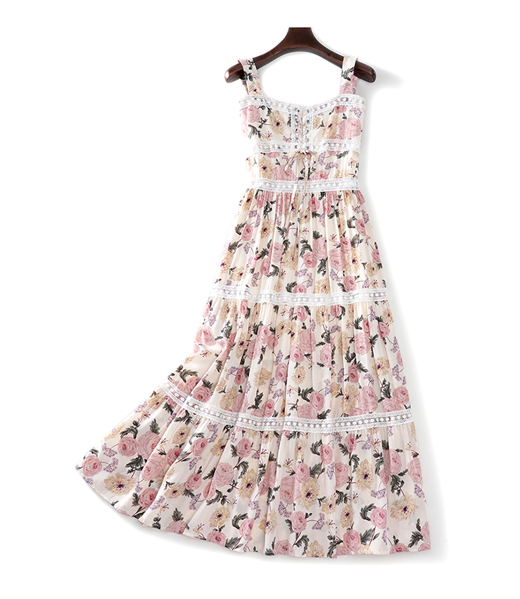 

2020 Women Dresses Sleeveless Summer Dress Floral Print Slash Neck Lace-up Spaghetti Strap Chiffon Dress Ladies Cotton Lace Trims Long Dress, Same as picture