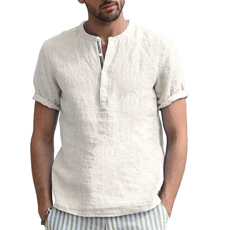 

Men Summer Shirt Casual Home Pure Color Button Linen Stand Collar Solid Short Sleeve Retro British Style Shirts Tops Blouse #45, Green