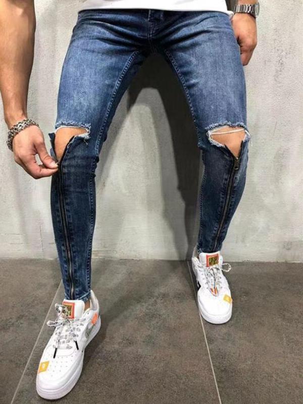 

Men' Fashion black ripped jeans Jeans Vintage Blue Gray stretch skinny jogger hip hop Hop zipper design bikerJeans pants