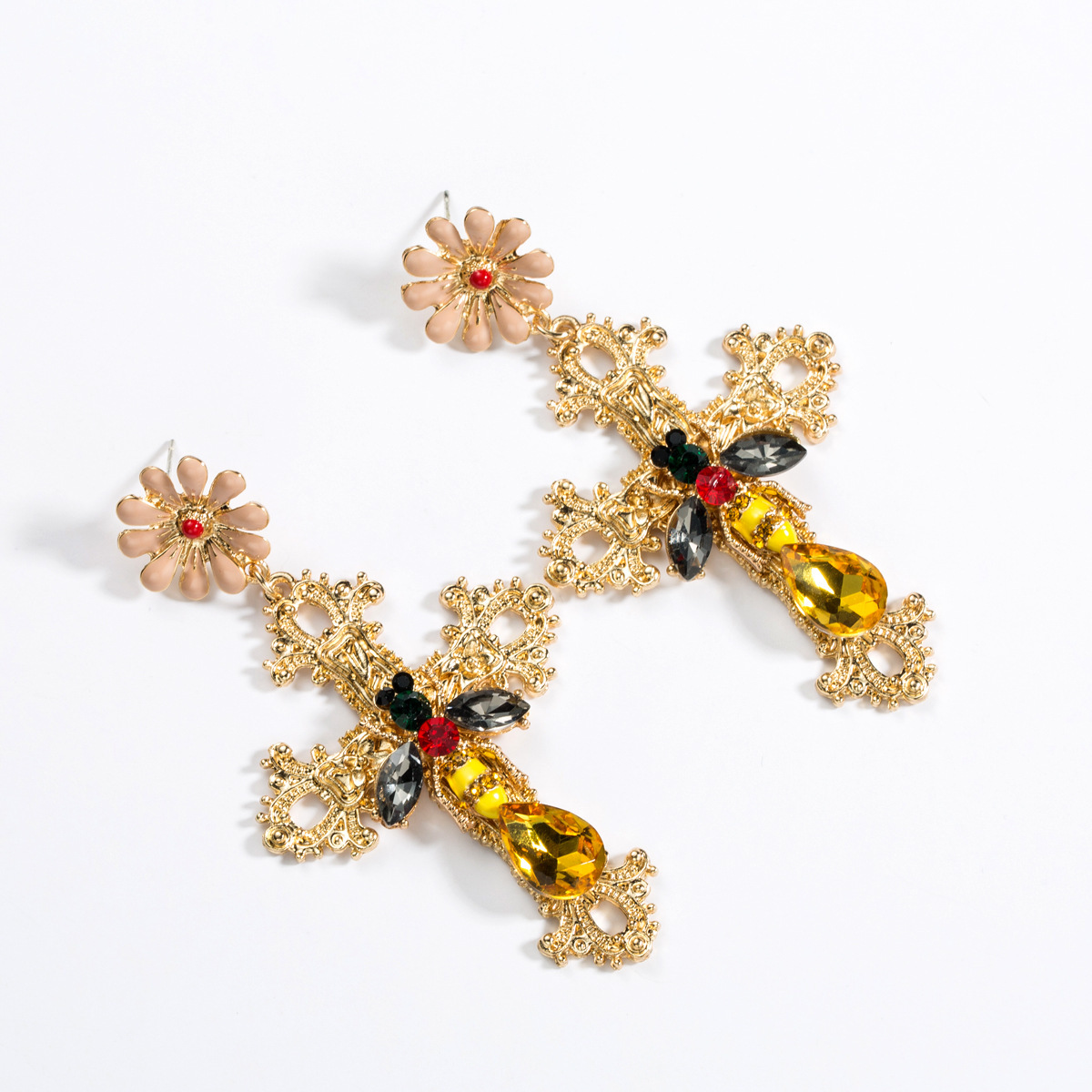 

S925 silver needle dripping oil flower alloy cross acrylic Diamond bee earrings female Palace style