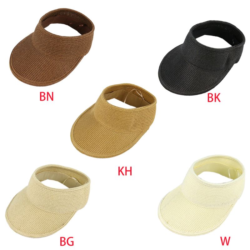 

Women Summer Sunscreen Empty Top Cap Solid Color Straw Weaving Wide Brim UV Protection Breathable Adjustable Beach Sun Visor Hat, Khaki