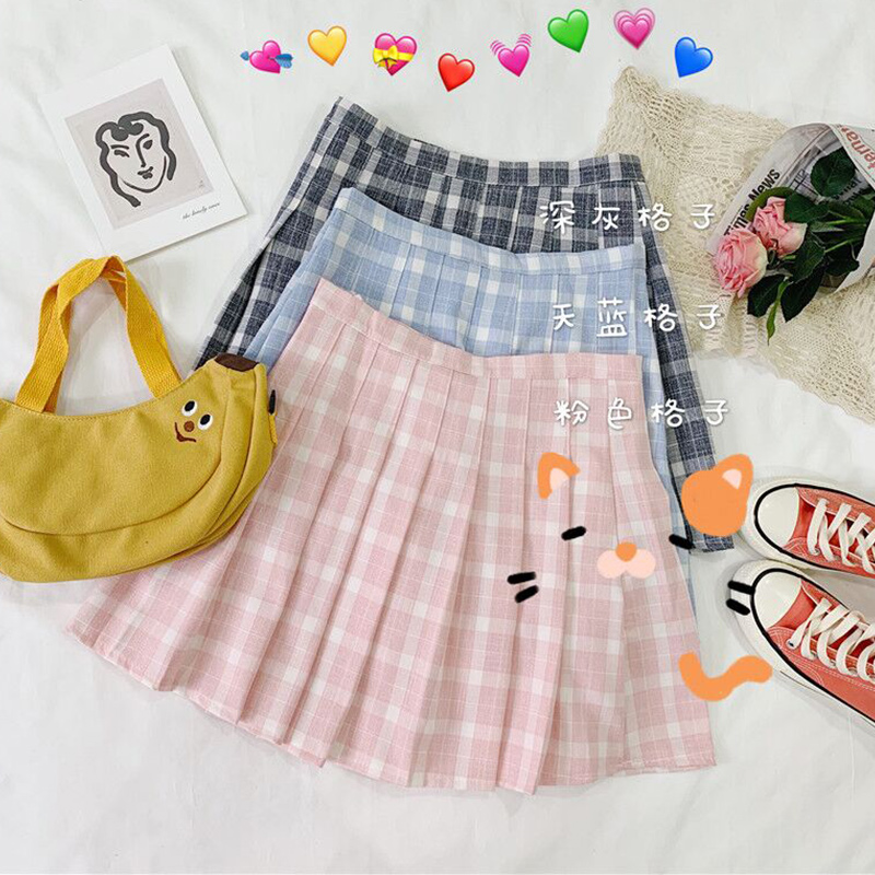 

Skirt Summer Mens Girls 2020 New Korean High Waist Plaid Pleated Fresh A-line Sweet Cute Student Skirt, Gray