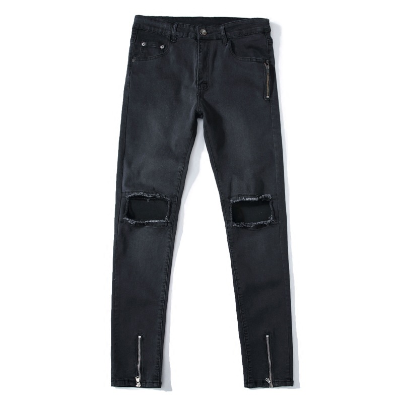 

Stylish Guy's Knee Holes High Street Zip Jeans Men's Stretch Slim Pants Mens Jeans, Black