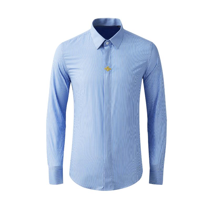 

2020 new long sleeve stripe front embroidery gold bee summer long sleeve fashion slim light mature men's shirt size -3XL 4XL, Navy blue striped