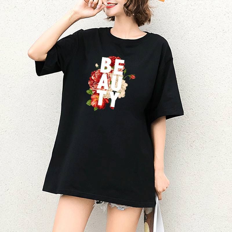 

Women Summer T Shirts Girls Designer Floral Print T-shirts Girls Casual White Letter Print Tops Fashion Tops Outdoorwear Short Sleeves, Black