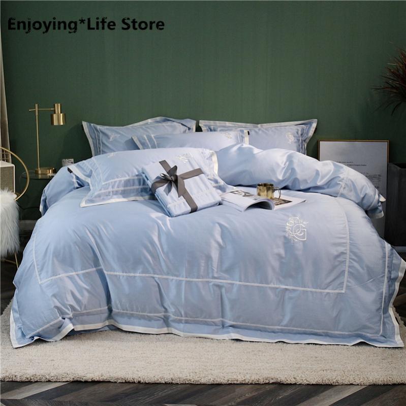 

Luxury 600TC Egypt Cotton Classic sky blue Bedding Set Embroidery Silky Duvet Cover Sets Pillowcases Queen King Size 1/3Pcs, Qx3