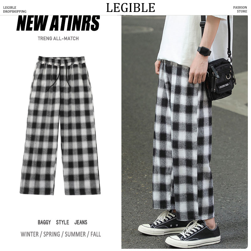 

LEGIBLE 2020 New Fashion Man Wide Leg Ankle Length Trousers Korean Men Plaid Casual Pants Oversized Streetwear Joggers, Blue