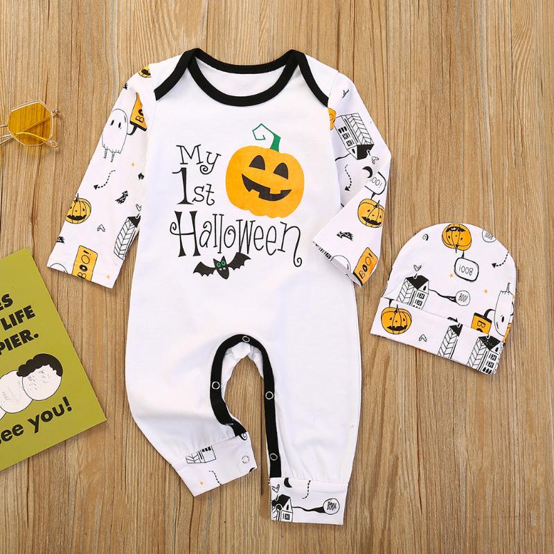 

Halloween Pumpkin Clothes Set Infant Romper Hats Baby Girls Boys 2Pcs Outfits Printing Toddler Newborn Costumes Pajamas, White