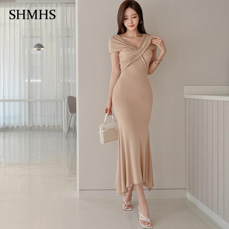 

British Style Elegant Party Dress 2020 Summer Khaki Simple Crossover V-Neck High Waist Tight Fit And Fishtail Hem Women' Dress, Shm2375
