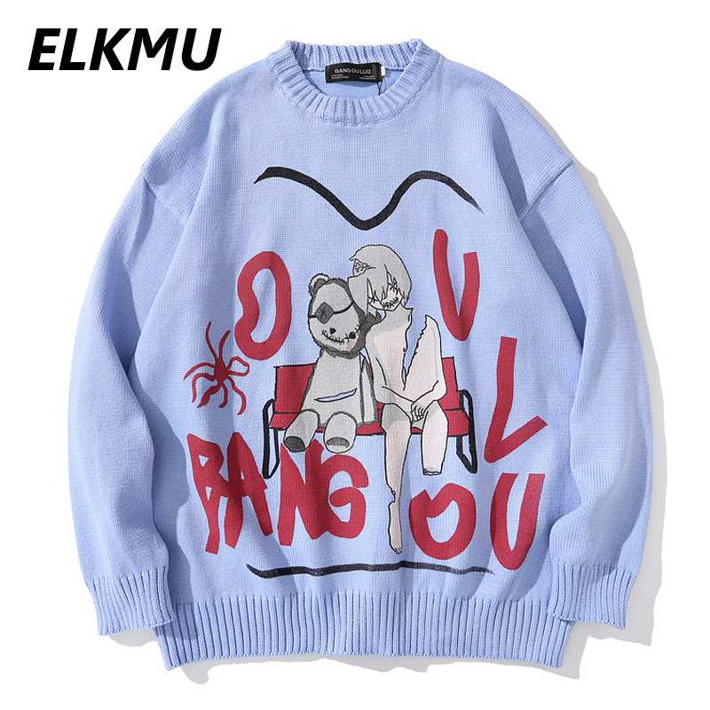 

ELKMU Creative Print Knitted Sweaters 2020 Winter Harajuku Casual Knitwear Jumper Loose Sweater Hiphop Streetwear Men Tops WE053, Purple