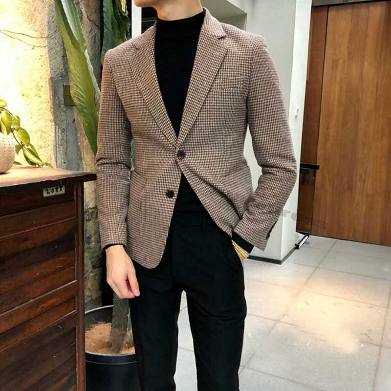 

2020 Handsome Men's Houndstooth Dog Tooth Blazer Jacket Tweed Notch Lapel Two Button Leisure Suit Coat, White