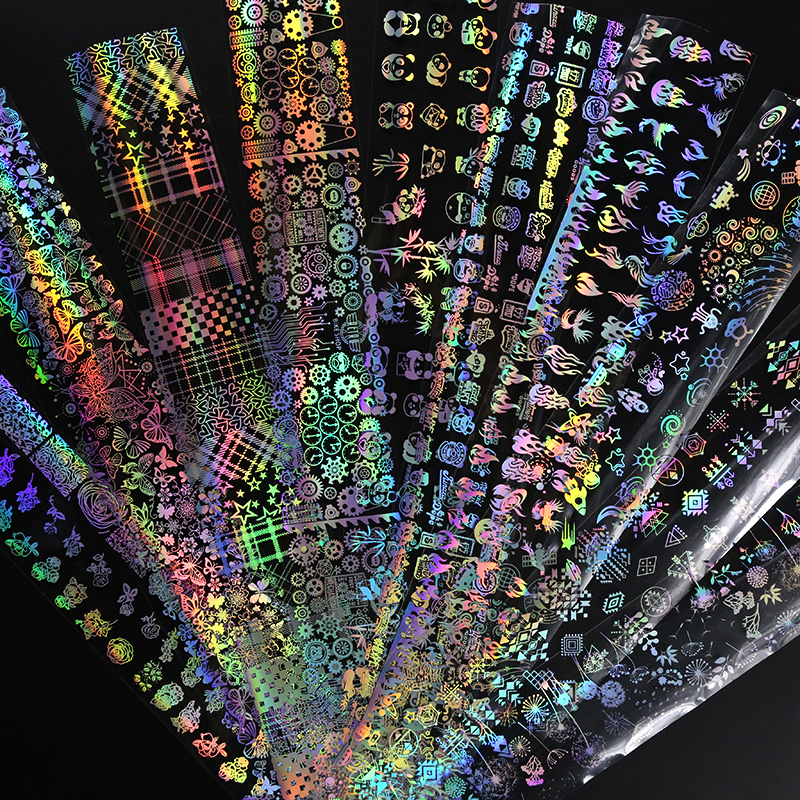 

4*100cm/Roll Holographic Nail Foil Flame Dandelion Panda Bamboo Holo Nail Art Transfer Sticker Water Slide Nail Art Decals, As pic