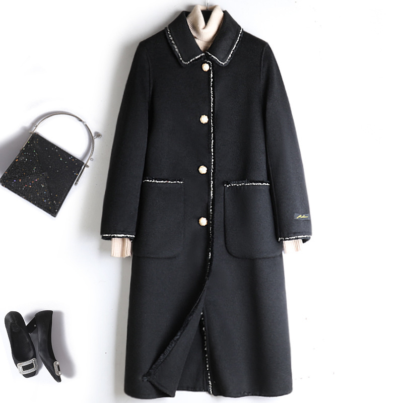 

sweet wind of new fund of 2020 autumn winters is double-sided wool coat pearl clasp in women' singles long fur coat, Black