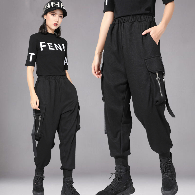 

2020 Fashion Hip Hop Dance Pants Adult Street Dance Costume Loose Black Pants Women Casual Beam Feet Rave Overalls BL4277