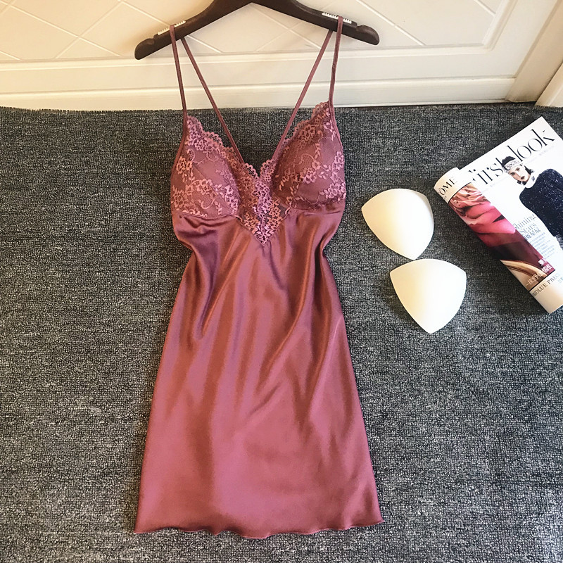 

Lace Solid Women's Sleepwear Nighties Female Sexy Spaghetti Strap Nightgown Summer Satin Mini Nightdress Home Clothes -XL, Color 1