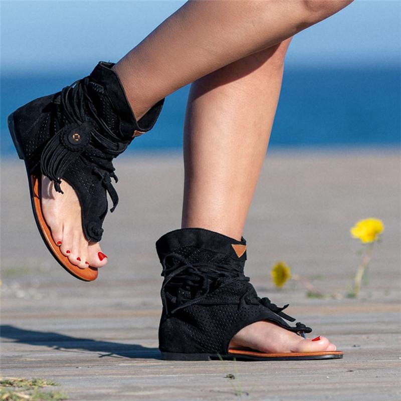

Summer Women Ankle Boots British Style Tube Frosted Tassel Boots Tide Lace-Up Boho Women Cowboy Shoes Botas Mujer, Black