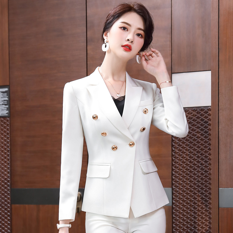 

Women Blazer Coat 2020 Big Brand Full Sleeve Double Breasted Button Slim Blazers Suit Office Lady Casual Business Suit, White coat
