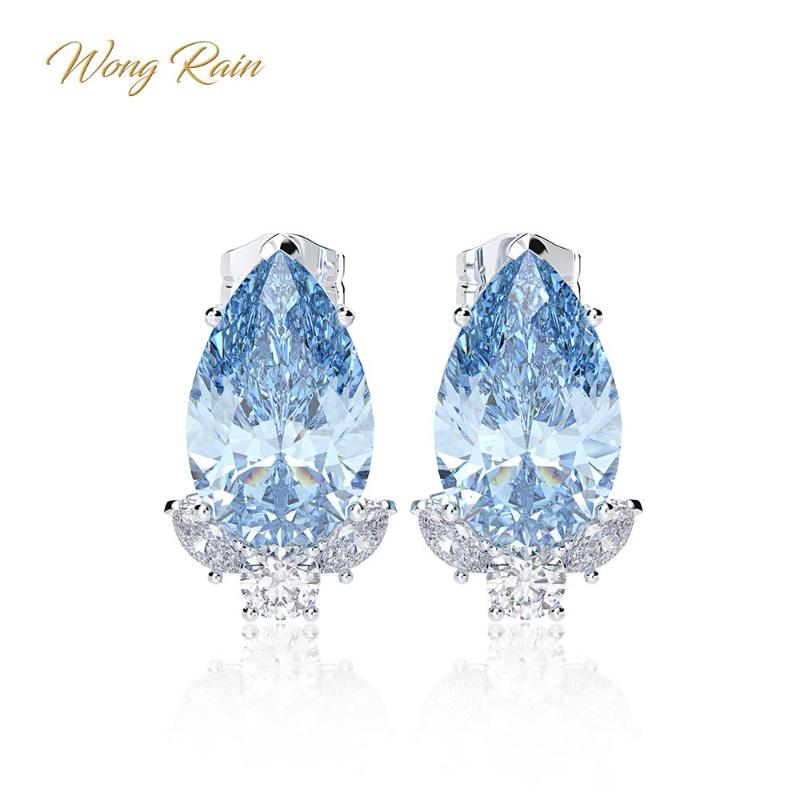 

Wong Rain 100% 925 Sterling Silver Aquamarine Sapphire Gemstone Diamonds White Gold Earrings Ear Studs Fine Jewelry Wholesale
