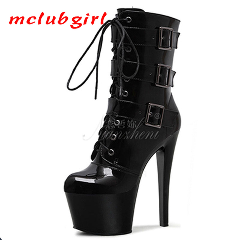 

Mclubgirl 15cm Heels New Hentian High Boots Waterproof Platform Thick Bottom Thin Heel Sexy Night Women's Low Boots LYP, Black 18cm