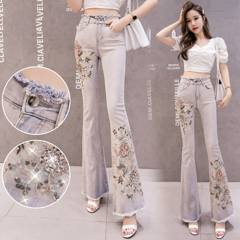 

Micro- jeans high waist new slim slimming light color heavy work beaded embroidered sequins wide leg flared pants, Picture color