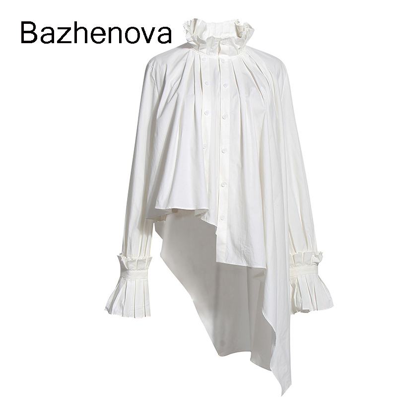 

Bazhenova Asymmetric Shirt Women Design 2020 Autumn Long-sleeved Court Wind Pleated Shirt Girl Solid Color Girl Blouse Top R576, Black