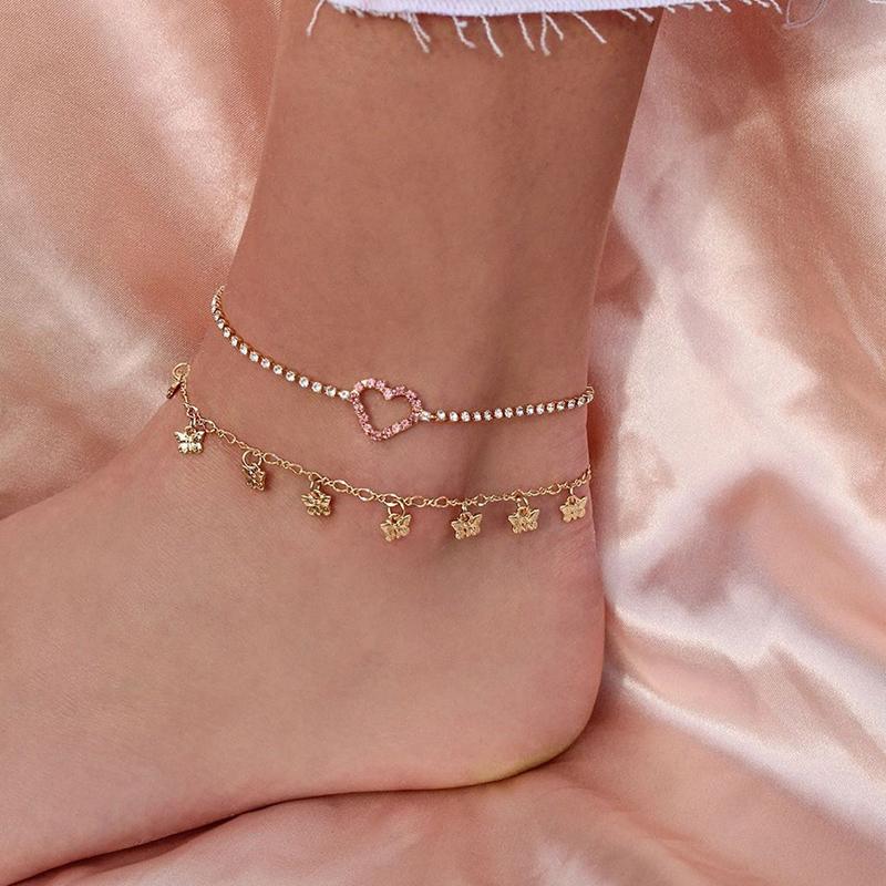 Fashion Women Anklets Set Star Tassel Pink Heart Pendant Crystal Chain Gold Anklet Classic Beach Party Barefoot Jewelry-image-559306038