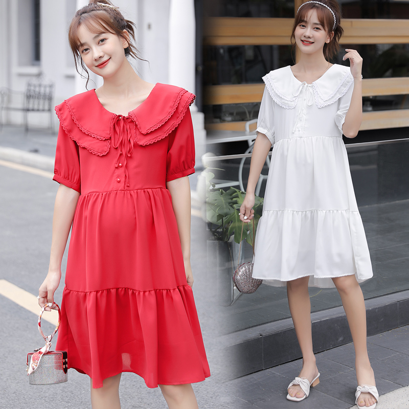

6932# Maternity Clothes Summer Short Sleeve Easy Matching Loose Stylish Slimming Dress for Pregnant Women Pregnancy Clothes, Red
