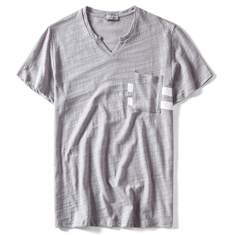 

Summer 2020 Design Pocket 100% Cotton V-neck T Shirt Men Casual Streetwear Men T Shirt High-quality Male Tops Tees, Gray