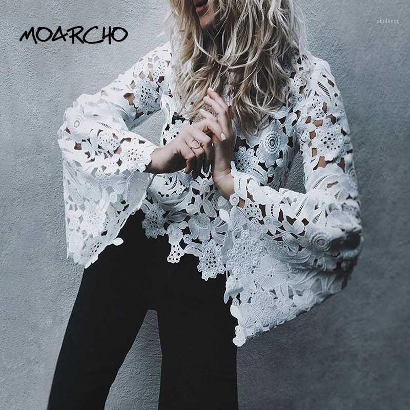 

Flare Sleeve White Lace Women Blouse Long Sleeve O-neck Solid Blouse New Spring Sexy Hollow Slim Pullover Tops1
