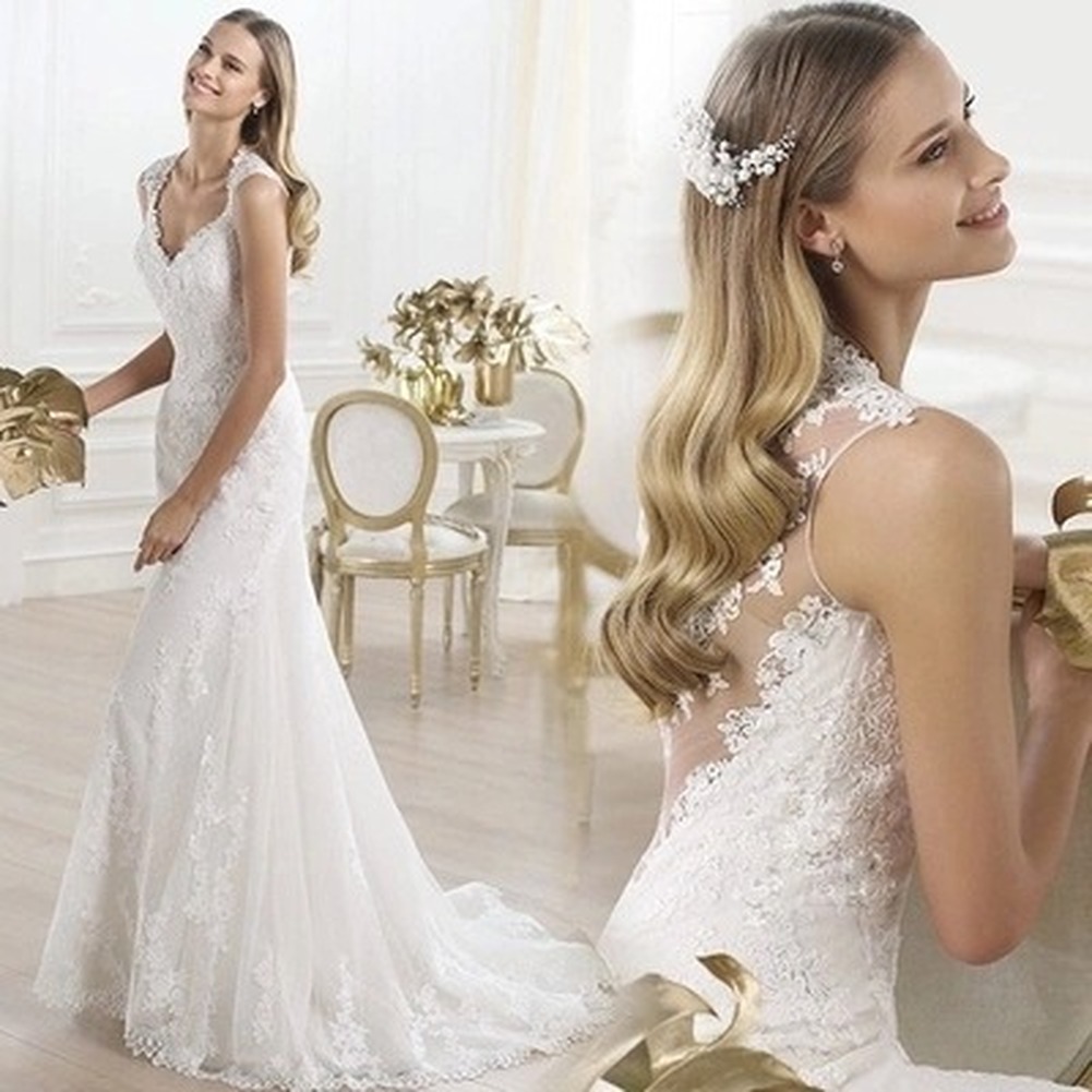 

Lace V-neck Dew Bride Perspective Appliques Mermaid Trailing Wedding Gowns Dress Vestido Robe De Mariee Noiva, White