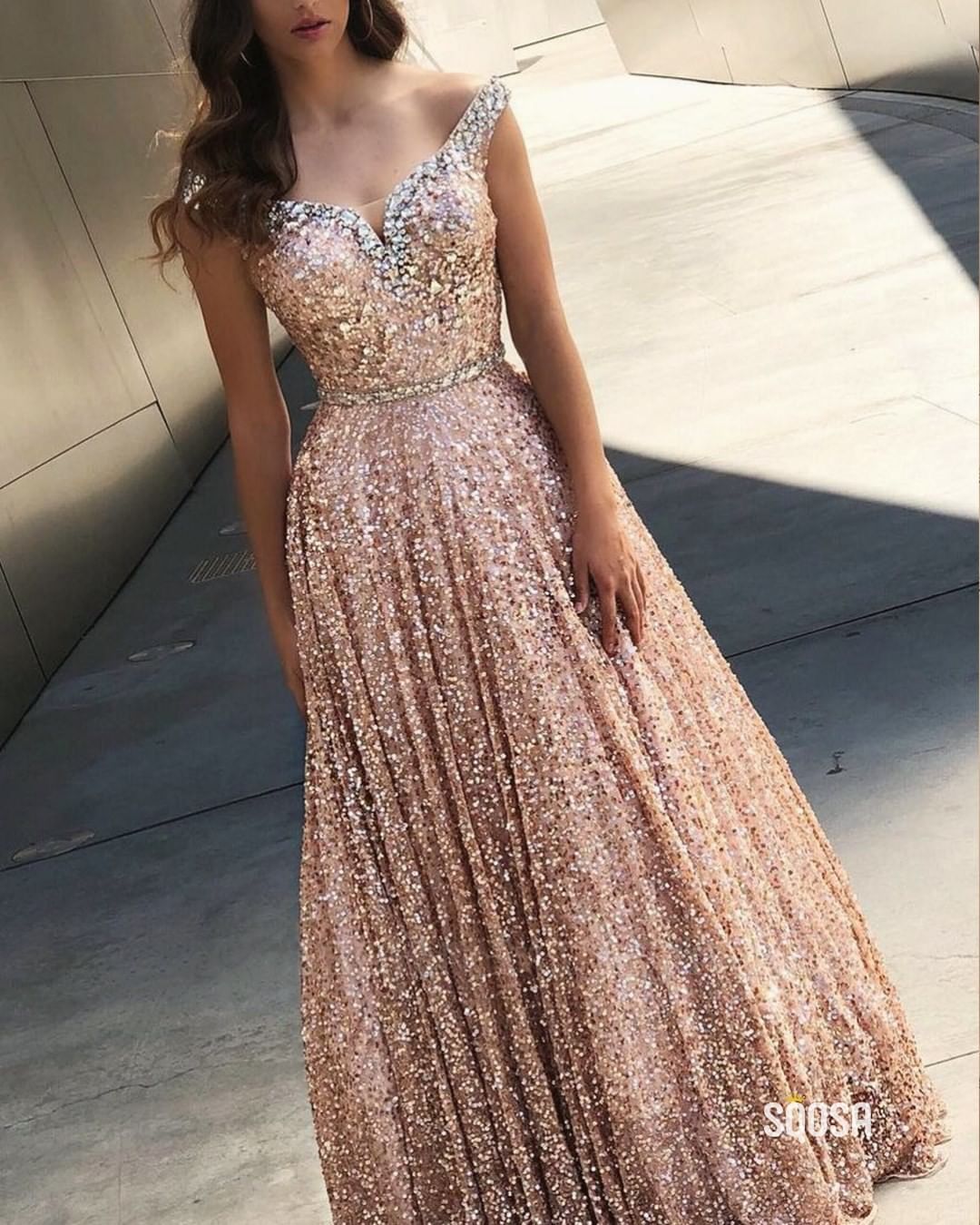 

Fashion Rose Gold Sequined Bling Prom Dresses Evening Gowns off the shoulder Beaded Backless Crystal Cocktail Pageant Dress Cheap, Orange