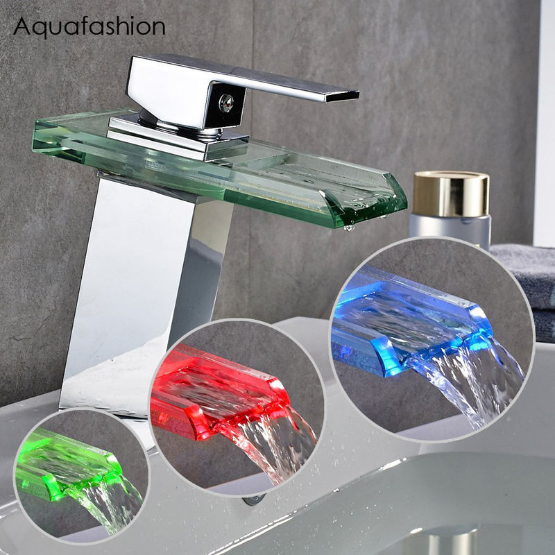 

LED Bathroom Faucet Single Lever Waterfall Basin Sink Faucet Solid Brass LED torneira banheiro Tap