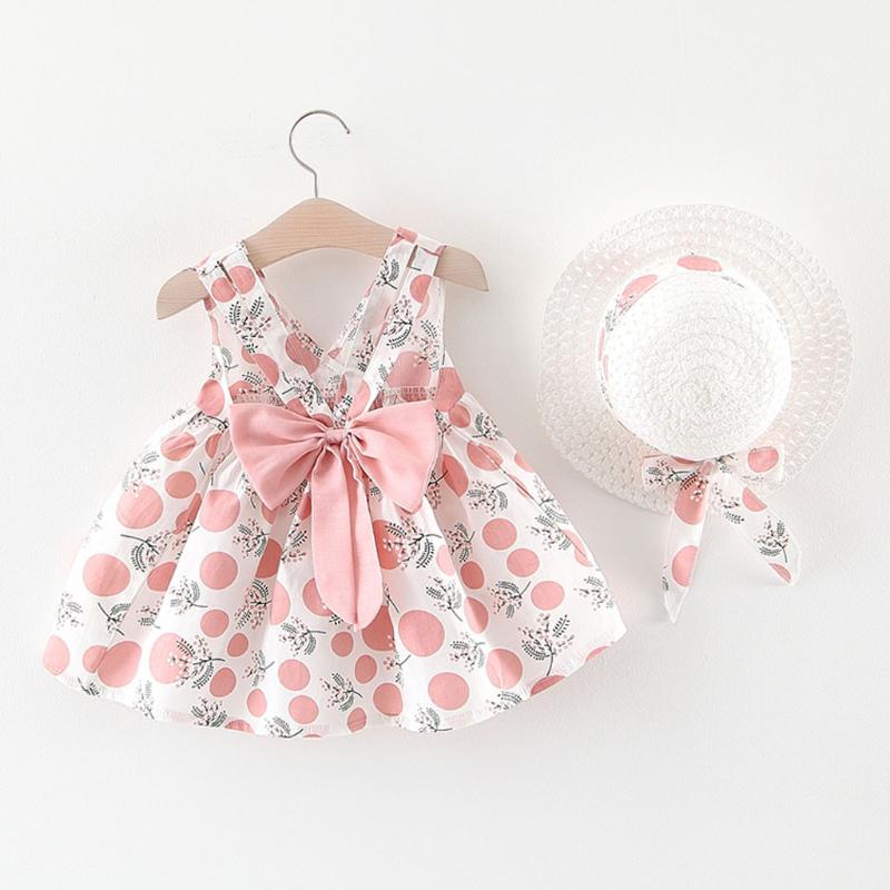 

Toddler Baby Kids Dresses For Girl Sleeveless Strap Dot Print Bow Princess Dresses+sun Hat Summer Baby Girl Clothes Dropshipping, Orange