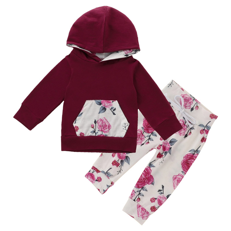 

Baby Floral Outfits Infant Printed Hooded Sets Toddler Baby Pocket Long Sleeve Hoodie Suit Kids Flower Printed Pants With Headband 060722, Burgundy