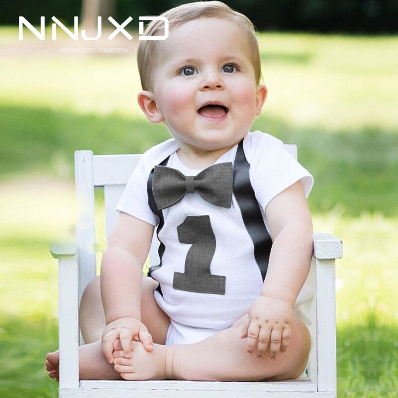 

Newborn Toddler Kids Infant Baby Boys Short Sleeves First Birthday Gentleman Romper With Bow 12 Months Kid Baby Clothings Black, As picture