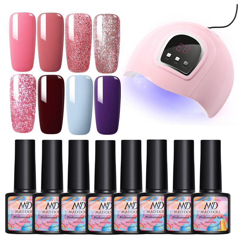 

MAD DOLL 36W 18 Leds 8 Pcs Nail Gel Glitter Set UV LED Lamp Dryer Soak Off Manicuring Tools Set Colorful Nail Polish